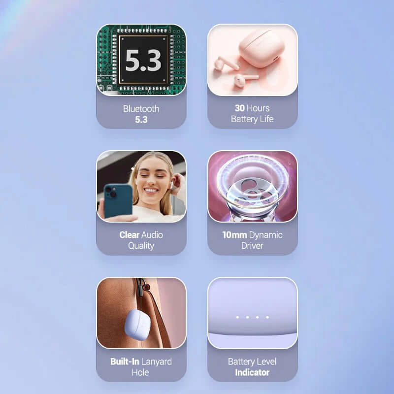 Vention True Wireless Bluetooth Earbuds features Bluetooth 5.3, 30 hours battery life, clear audio quality, and lanyard hole.