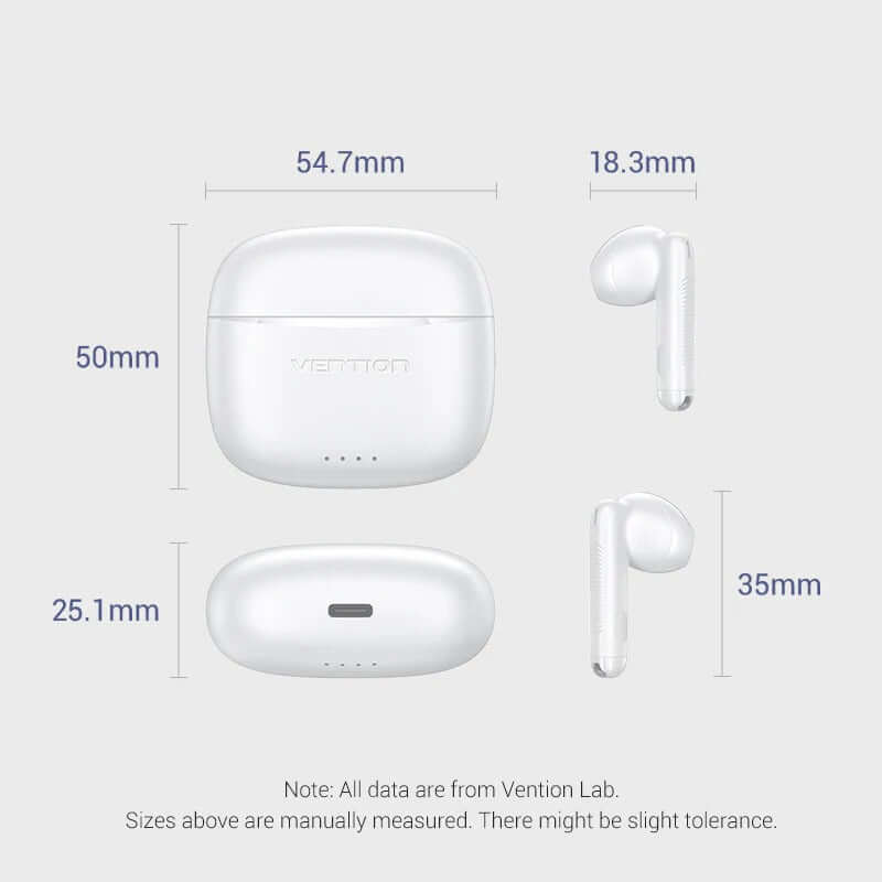 Vention True Wireless Bluetooth Earbuds product dimensions and design for ultimate portability and convenience.