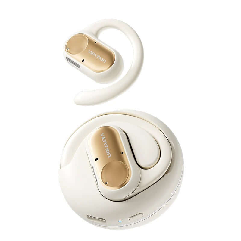 Vention Wireless Bluetooth Open Ear Headphones OpenBeat in white and gold with charging case.