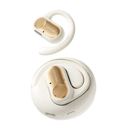 Vention Wireless Bluetooth Open Ear Headphones OpenBeat in white and gold with charging case.