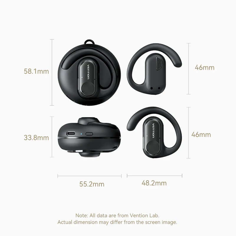 Vention Wireless Bluetooth Open Ear Headphones OpenBeat showing dimensions and design details.