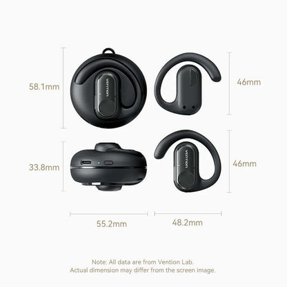 Vention Wireless Bluetooth Open Ear Headphones OpenBeat showing dimensions and design details.