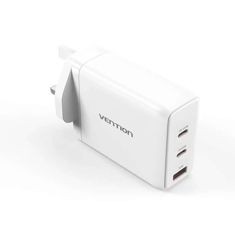 Vention 3-Port USB (C+C+A) GaN Charger (100W/65W/30W) UK-Plug with multiple ports for efficient charging.