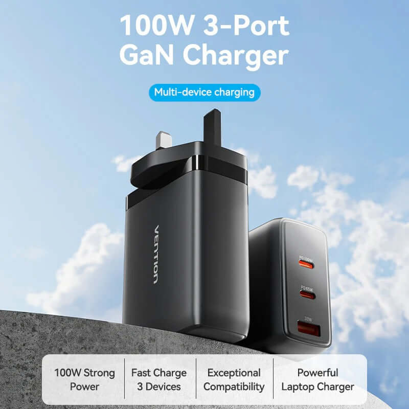 Vention 3-Port USB (C+C+A) GaN Charger (100W/65W/30W) UK-Plug with multiple device charging capability.