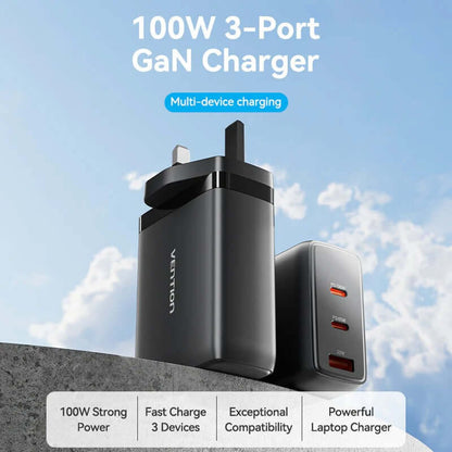 Vention 3-Port USB (C+C+A) GaN Charger (100W/65W/30W) UK-Plug with multiple device charging capability.
