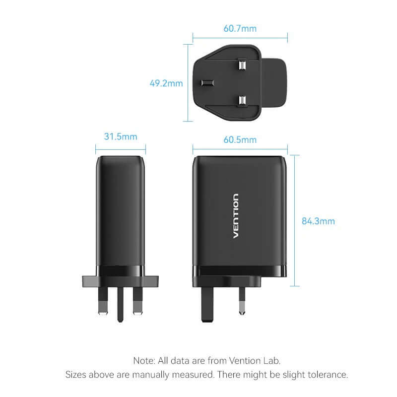 Vention 3-Port USB (C+C+A) GaN Charger (100W/65W/30W) UK-Plug with dimensions for effective charging solutions.
