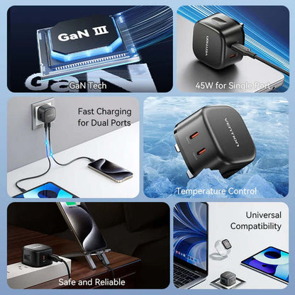 Vention 2-Port USB (C + C) GaN Charger 45W features GaN tech, dual ports, fast charging, and temperature control.