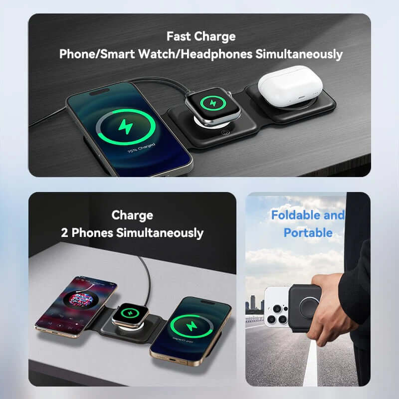 Vention 3-in-1 Wireless Charging Pad with MagSafe and LED Night Light, fast charging for phone, smartwatch, and headphones.