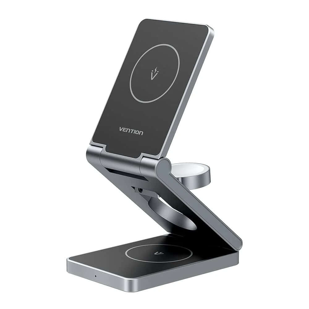 Vention 3-in-1 15W Wireless Charger Stand with MagSafe positioned for optimal charging of Apple devices.