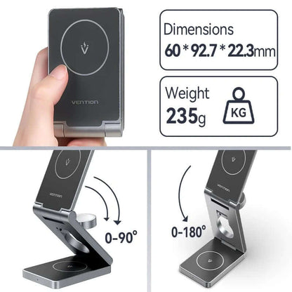 Vention 3-in-1 15W Wireless Charger Stand with MagSafe dimensions and adjustable design