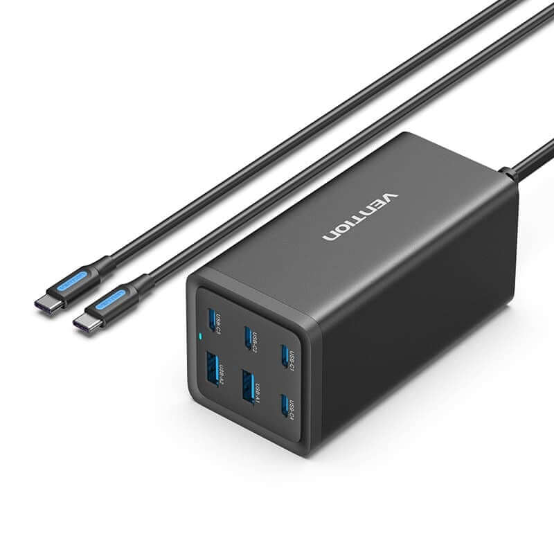 Vention 6-Port USB Desktop GaN Charger with multiple ports and cables, ideal corporate gift for efficient charging.