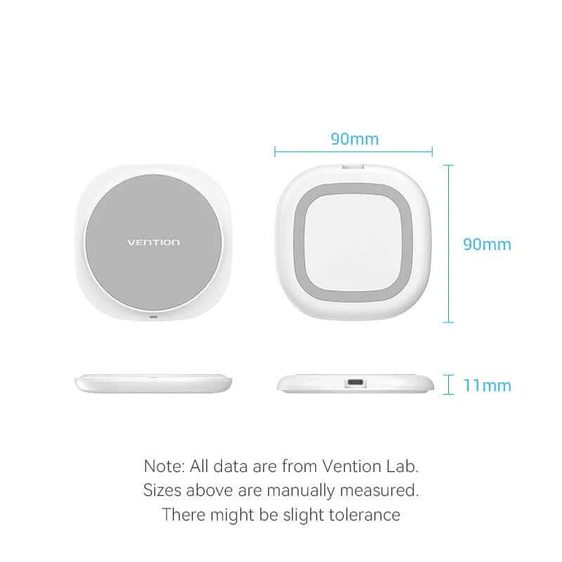 Vention Wireless Charger 10W dimensions showing 90mm width and height, and 11mm thickness.