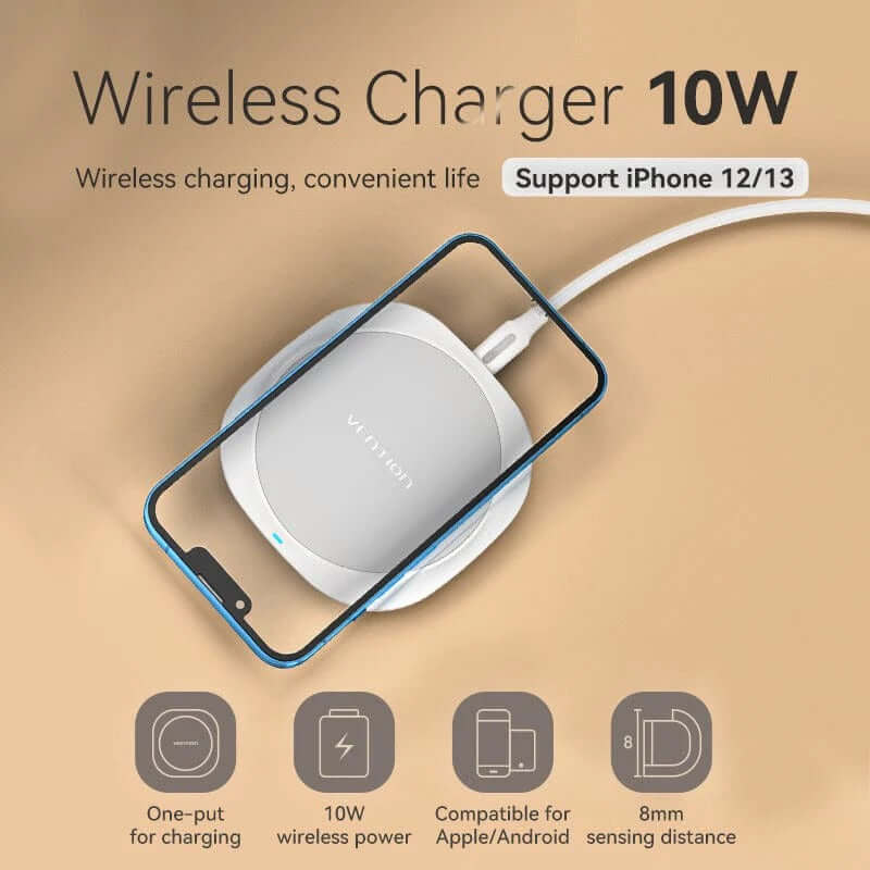 Vention Wireless Charger 10W on a beige background, showcasing fast charging for iPhone 12/13 and Android devices.