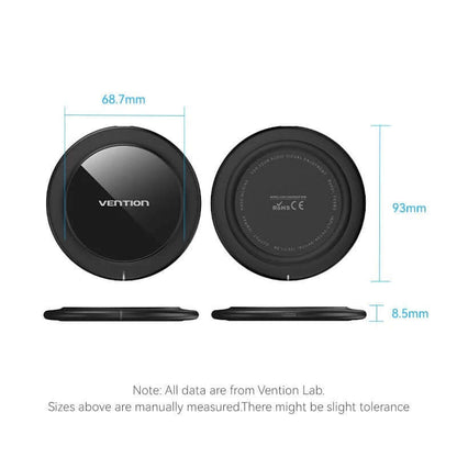 Vention Wireless Charger 15W Black Mirrored Surface Type dimensions showcasing sleek design and functionality.