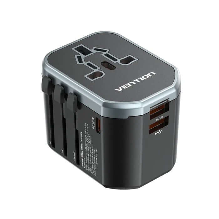 Vention 3-Port USB Universal Travel Adapter with multi-plug compatibility and fast charging features.
