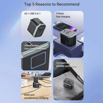 Vention 3-Port USB Universal Travel Adapter features fast charging, compact design, and multi-port compatibility.