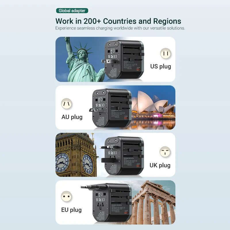 Vention 3-Port USB Universal Travel Adapter displaying plugs for US, AU, UK, and EU in various international landmarks.