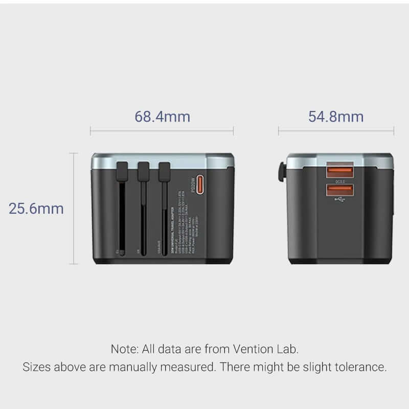 Vention 3-Port USB Universal Travel Adapter dimensions showing size specifications.
