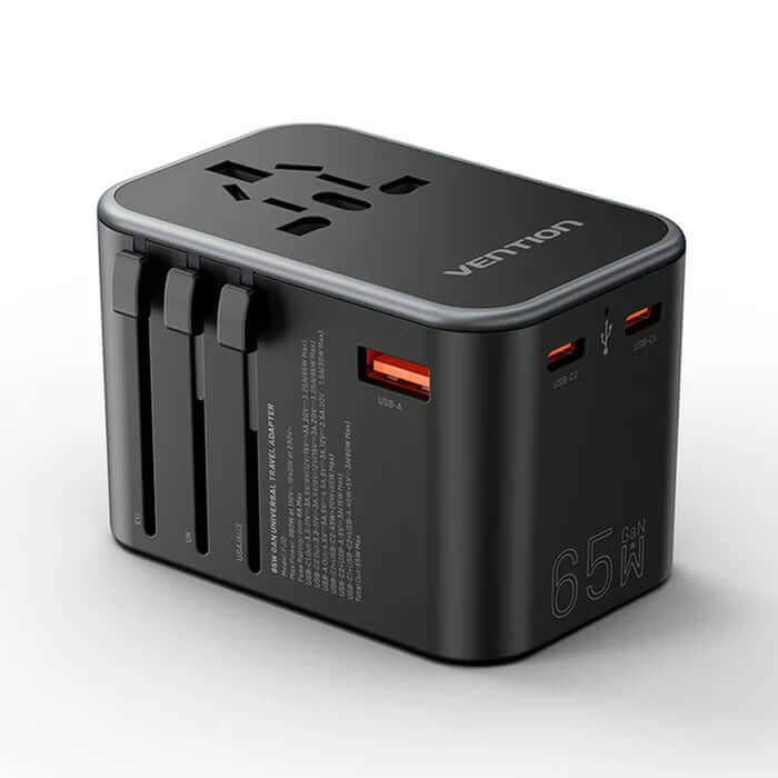 Vention 3-Port GaN USB A/C Universal Travel Adapter with multiple plugs for global compatibility.