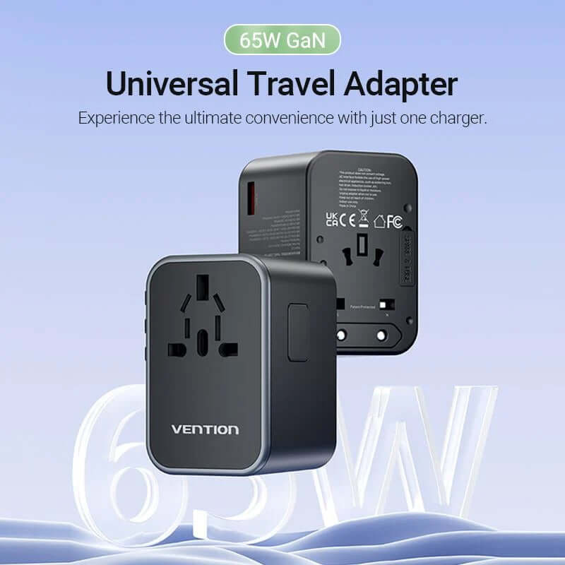 Vention 3-Port GaN USB A/C Universal Travel Adapter for efficient global charging.