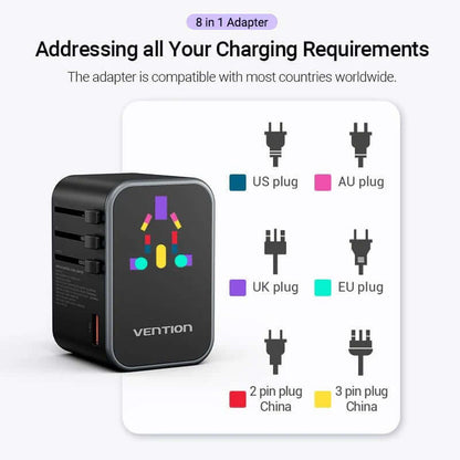 Vention 3-Port GaN USB A/C Universal Travel Adapter showcasing 8-in-1 charging compatibility with various plug types.
