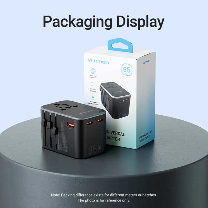 Vention 3-Port GaN USB A/C Universal Travel Adapter packaging display on a round surface.