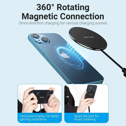 Vention Magnetic Wireless Charger 15W with 360° rotating magnetic connection for versatile charging.