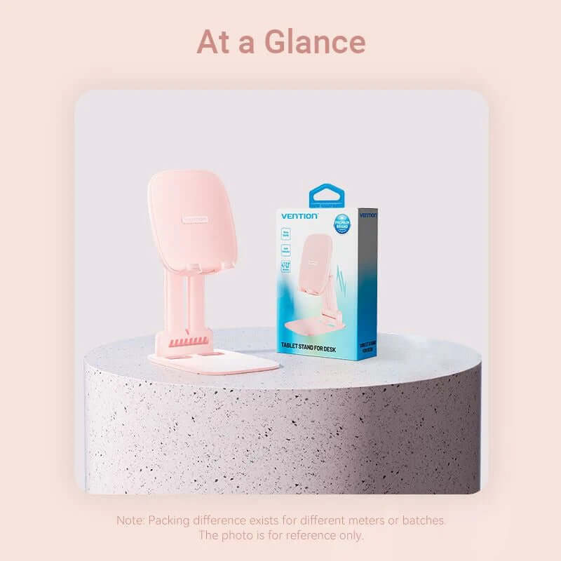 Vention Height Adjustable Tablet Stand displayed on a stone surface with a pink color finish, ideal for corporate gift.