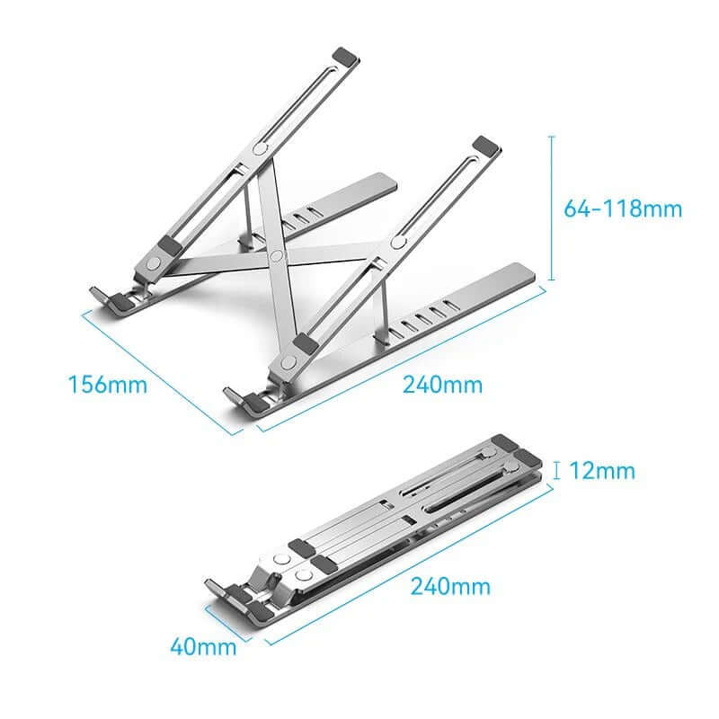 Vention Foldable Laptop Stand Silver Aluminum Alloy Type dimensions and design for ergonomic comfort and portability.