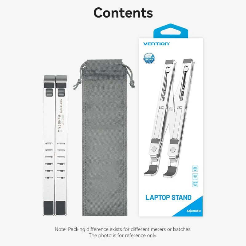 Vention Foldable Laptop Stand Silver Aluminum Alloy Type with carrying pouch and adjustable features.