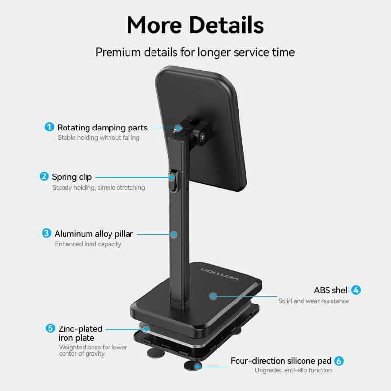 Vention Height Adjustable Desktop Cell Phone Stand with features like rotating parts and adjustable height.