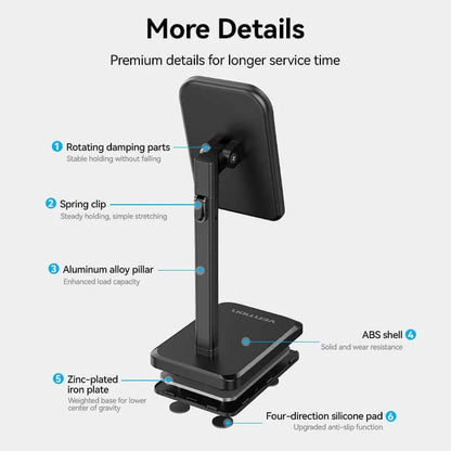 Vention Height Adjustable Desktop Cell Phone Stand with features like rotating parts and adjustable height.