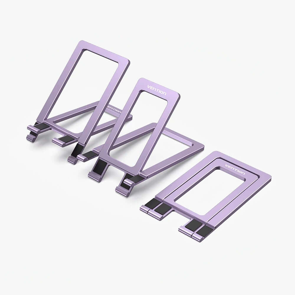 Vention Portable Cell Phone Stand Holder for Desk in purple color, showcasing three adjustable stands.