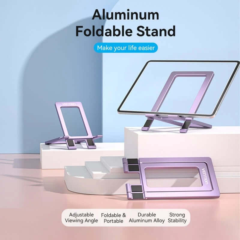 Vention Portable Cell Phone Stand Holder for Desk showcased in a sleek aluminum foldable design, perfect as a corporate gift.