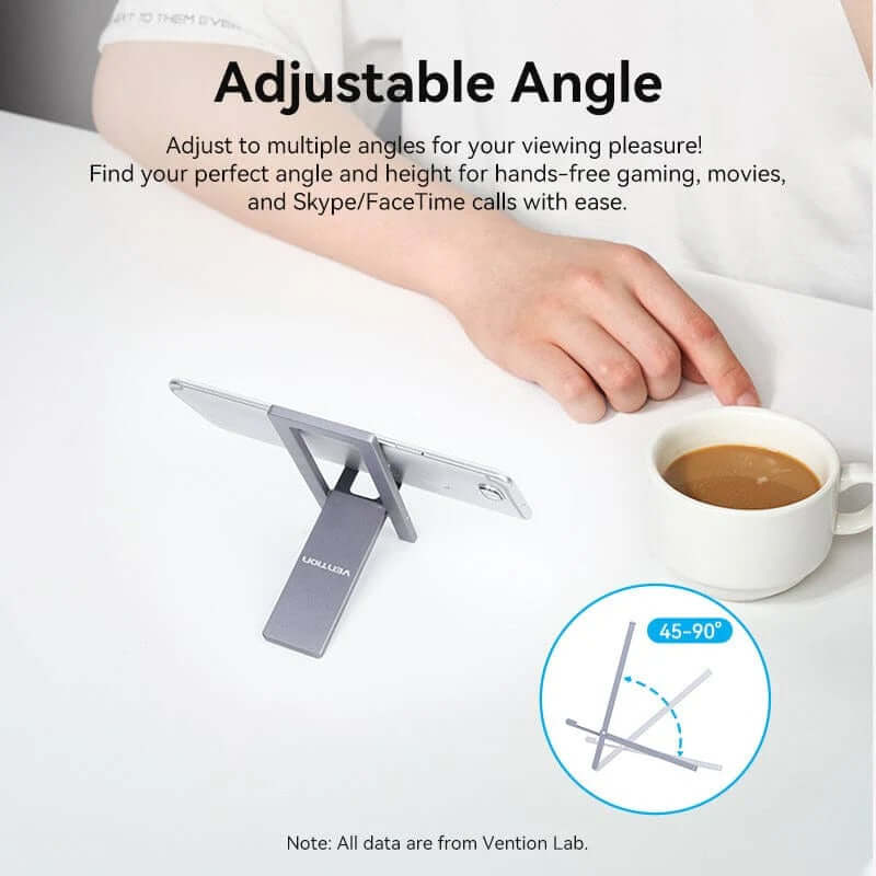 Vention Portable Phone Stand for Desk Black Aluminium Alloy Type with adjustable angle for gaming and video calls.