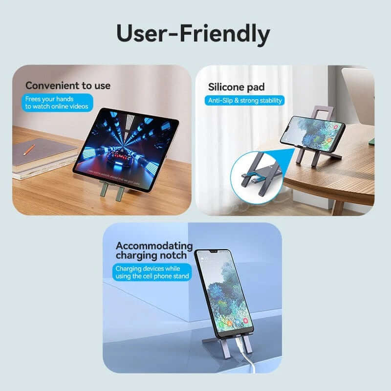 Vention Portable Phone Stand for Desk Black Aluminium Alloy Type user-friendly features like silicone pad and charging notch.