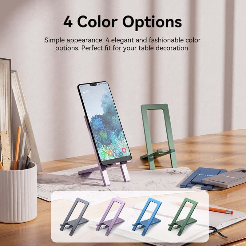 Vention Portable Phone Stand for Desk Black Aluminium Alloy Type showcasing 4 color options on a workspace.