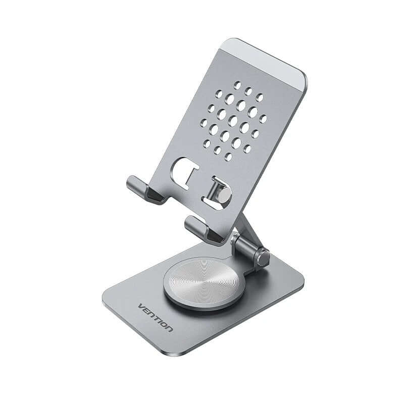 Vention Articulating Desk Phone Stand with 360° Rotatable Base, stylish and durable aluminum phone holder.