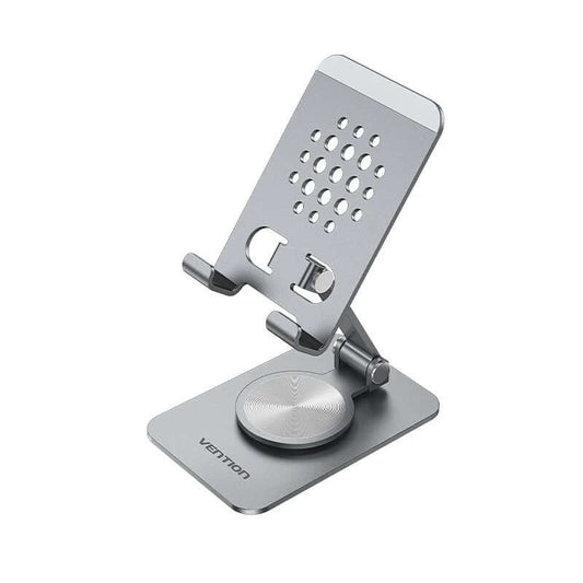Vention Articulating Desk Phone Stand with 360° Rotatable Base, stylish and durable aluminum phone holder.
