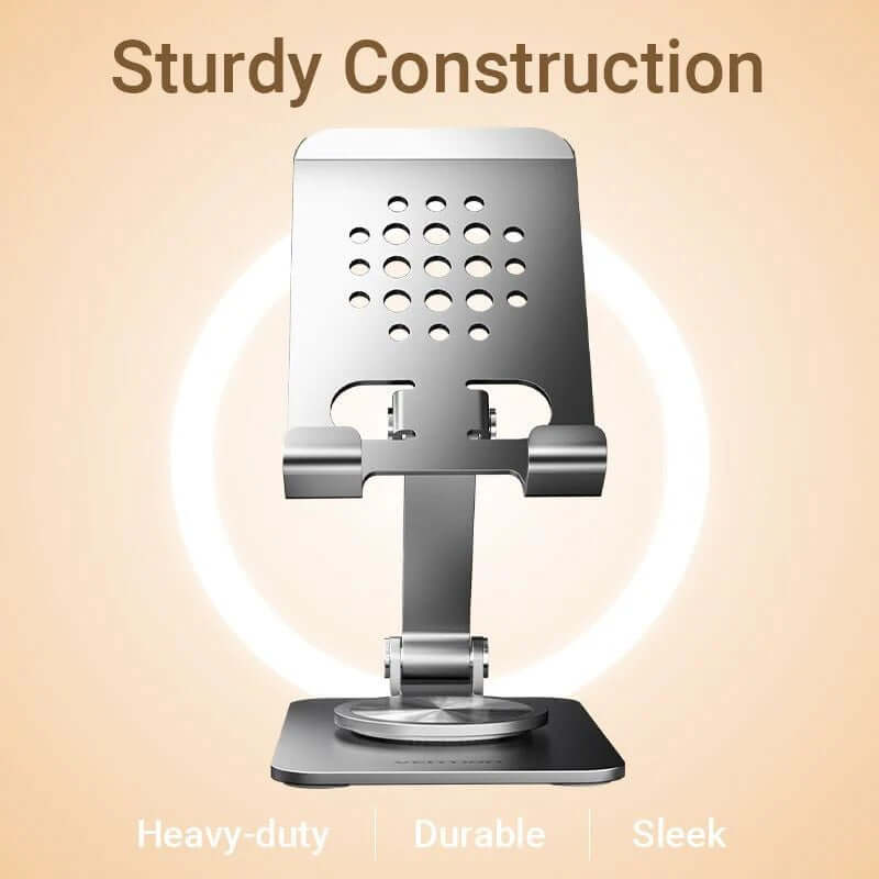 Vention Articulating Desk Phone Stand with 360° Rotatable Base showcasing sturdy construction and sleek design.