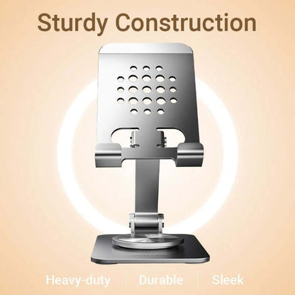Vention Articulating Desk Phone Stand with 360° Rotatable Base showcasing sturdy construction and sleek design.