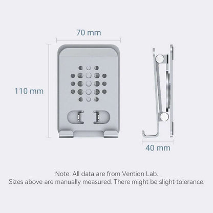 Vention Articulating Desk Phone Stand with 360° Rotatable Base dimensions showing width and height measurements in mm.