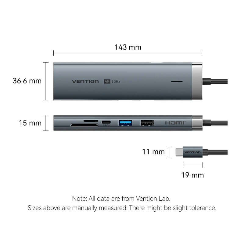 Vention 9-in-1 USB-C Docking Station dimensions and ports illustration showcasing connectivity options.