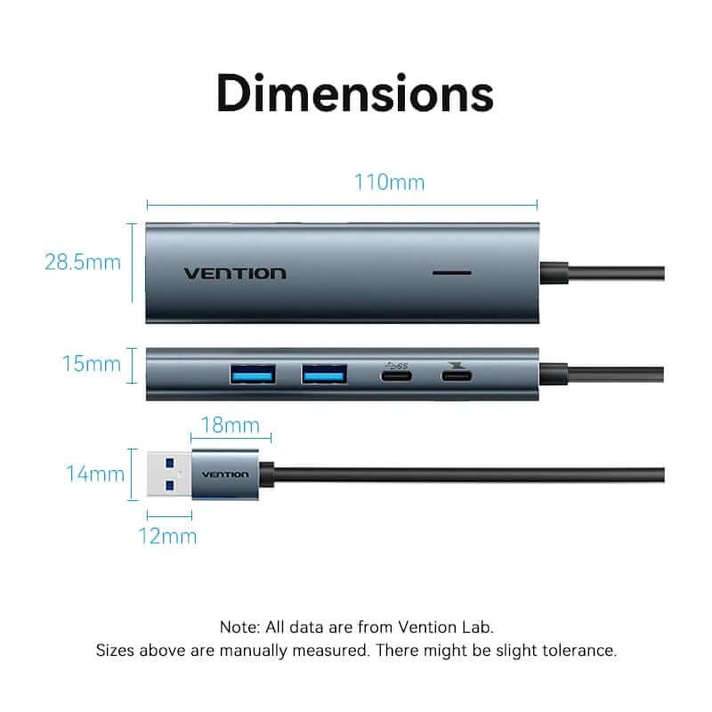 Dimensions of Vention Gen 1 Type C Hub showcasing its sleek design and connectivity options.