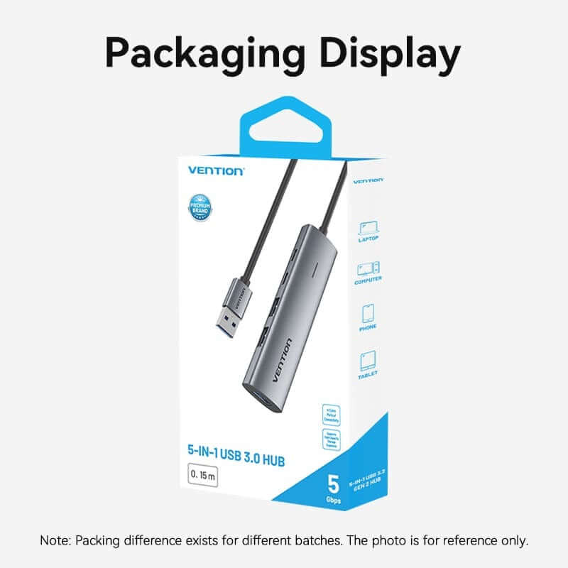Vention Gen 1 Type C Hub packaging display, 5-in-1 USB 3.0 hub with 5Gbps data transfer rate.