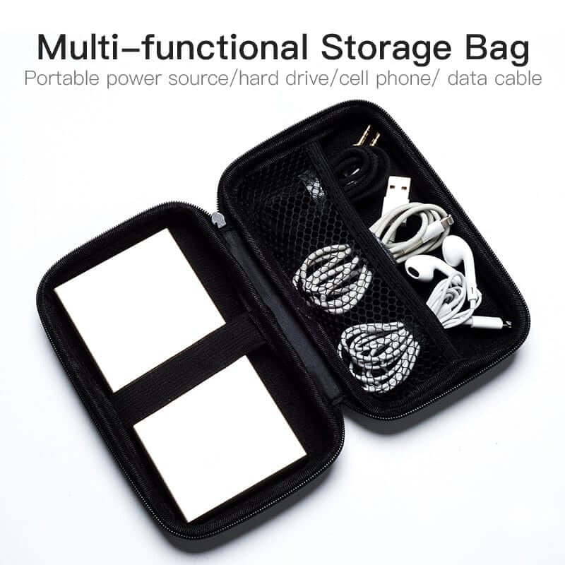 Vention Multifunctional Storage Bag with organized cables, hard drive, and accessories for tech enthusiasts.