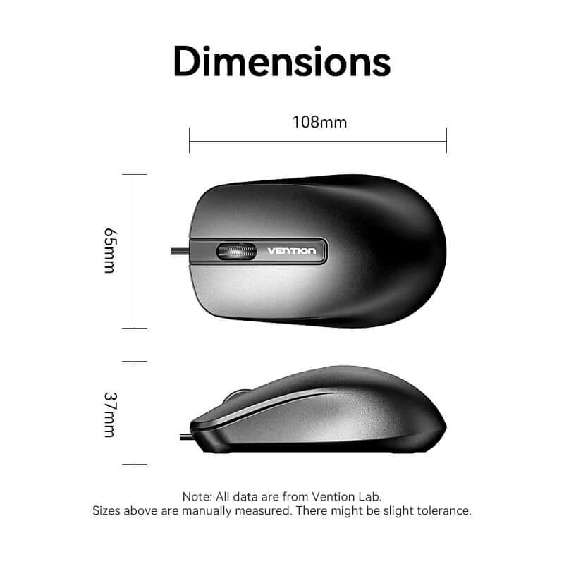 Vention 3-Button USB Wired Mouse dimensions 108mm x 65mm x 37mm for optimal comfort and productivity