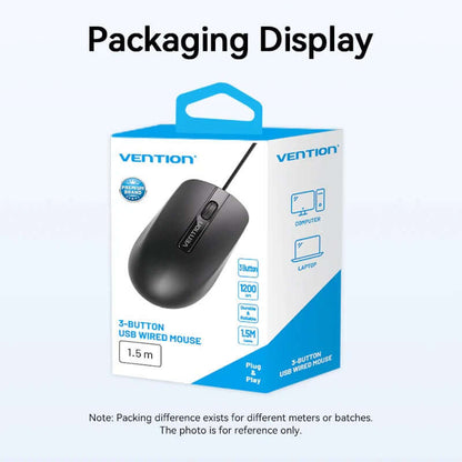 Vention 3-Button USB Wired Mouse packaging display with ergonomic design and plug and play functionality.
