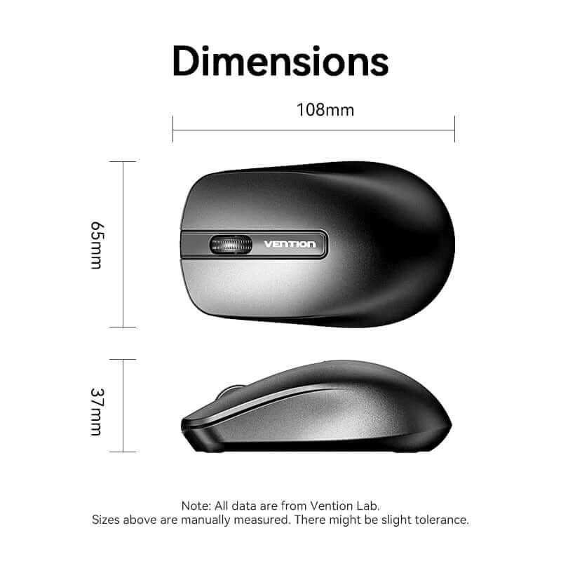 Vention 3-Button Wireless Computer Mouse dimensions showing size and ergonomic design for comfortable usage.
