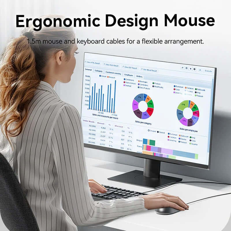 Vention Wired Keyboard and Mouse Set showing ergonomic design mouse with charts on screen for office use.